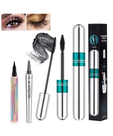 3 PCS Silk Fiber Mascara for Longer 2 in 1 Vibely Mascara Voluminous Eyelashes Natural Waterproof Smudge-Proof All Day Exquisitely Long Smudge-Proof Eyelashes with Eyeliner and Eyebrow Pencil (3 Pack)