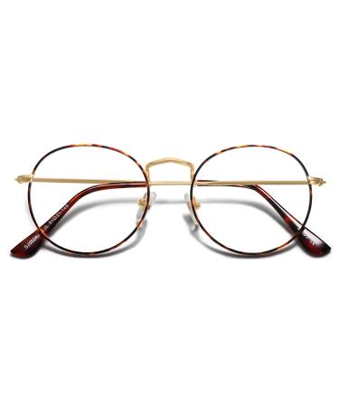 Soyos blue light filter glasses men women without starch screen glasses computer glasses vintage-oriented round design fake glasses SJ5024 Leopard frame/anti-blue light lens