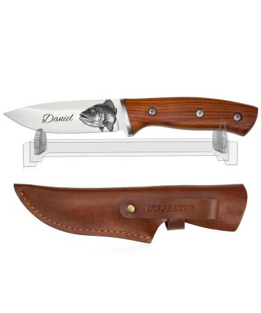 Wolfs -like personalized fishing knife with engraving - gift for men - perfect for birthday Christmas Father's Day for Angler - High quality stainless steel including leather sheath (with stand)
