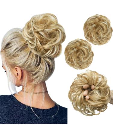 SARLA 2PCS Messy Hair Bun Hair Piece Small Scrunchies Synthetic Bun Hairpieces for Women Girls Updo Hair Extensions (Honey Blonde/Bleach Blonde) Honey Blonde / Bleach Blonde-2PCS
