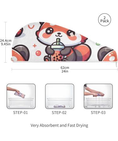 Cute Red Panda Hair Towel 2 Pack | Super Absorbent Quick Dry Turbans for Women & Girls - Bubble Tea Cartoon Design - Buy Online on GoSupps.com