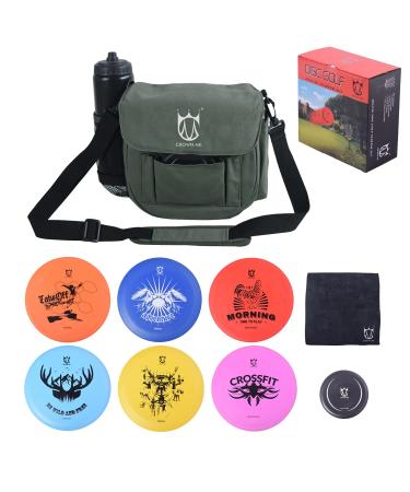 CROWN ME Disc Golf Set, Disc Golf Starter Set,Includes 1pc Bag with Water Bottle Pocket and Accessory Pocket, 2pcs Drivers, 2pcs Mid-Ranges, 2pcs Putters, 1pc Mini Disc Marker and 1pc Towel Green