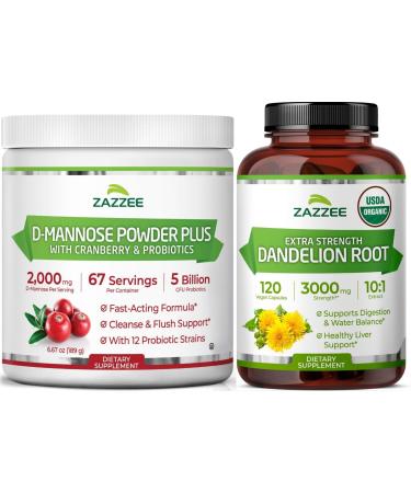 Zazzee Urinary Tract Cleanse & Detox Bundle | USDA Organic Dandelion Root Extract Capsules Plus D Mannose with Cranberry Probiotics for Women | Non-GMO Vegan & ISO Lab Tested