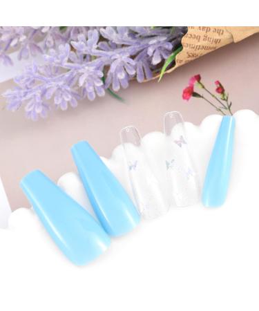 Sethexy Long Glossy Ballerina False Fingernails - Blue French Coffin Art Nail Tips | 24 Full Cover Press-On Nails with Butterfly Design for International Shipping - Buy Online on GoSupps.com