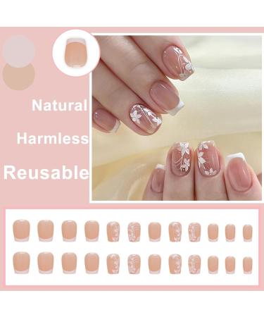 24 Pieces Short Press On Nails - Nude Angular Full Cover with White Flowers | French Acrylic Fingernails for Women & Girls | DIY Manicure Decoration - Buy Online on GoSupps.com