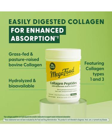 MegaFood Collagen Peptides for Women & Men - Unflavored Collagen Powder with Hyaluronic Acid & Vitamin C - Supports Skin Hair Nails & Joint Health - 20g Grass Fed Bovine Collagen - 20oz 28 Servings - Buy Online on GoSupps.com