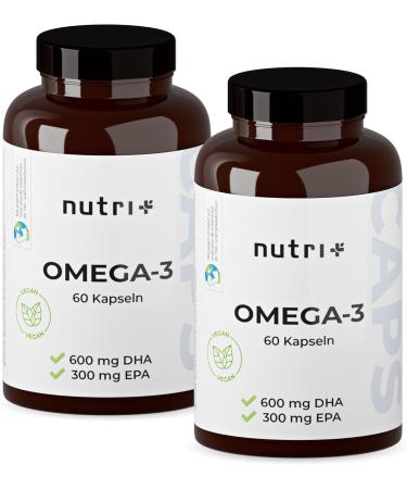 Nutri+ Omega 3 Vegan - 600mg DHA + 300mg EPA - 1100mg Essential Fatty Acids O3 Seaweed Oil - Highly Dosed - Vegan & Vegetarian - No Fish Oil Beef & Gelatin - Buy Online on GoSupps.com