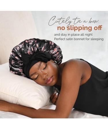 YANIBEST Silk Bonnet for Sleeping - Double Layer Satin Sleep Cap for Curly Natural Hair - Large Black Floral - Buy Online on GoSupps.com