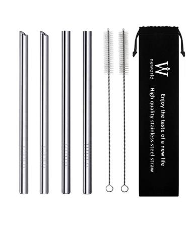 NEWORLD Reusable Stainless Steel Wide Boba Drinking Straws Fat Straws Smoothie/Bubble Tea/Milkshakes Straws with 2 Cleaning Brush & Carry Bag 12mm/0.5" Wide(Silver)