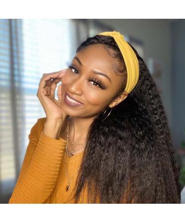 Vligcor Kinky Straight Headband Wigs 16inch None Lace Front Synthetic Wig Yaki Straight Wigs with Headband for Black Women Natural Hairline Kinky Wigs with Headband (1B) 16 Inch 1B