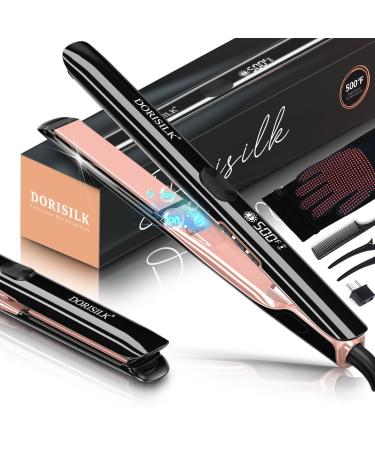 DORISILK 500 Degree High Temp Professional Hair Straightener 30s Fast Heating Ceramic Flat Iron 2 in 1 Hair Straightener and Curler Plasma Flat Iron Get Frizz-Free Dual Voltage for Travel Using 500 Degree Hair Straightener