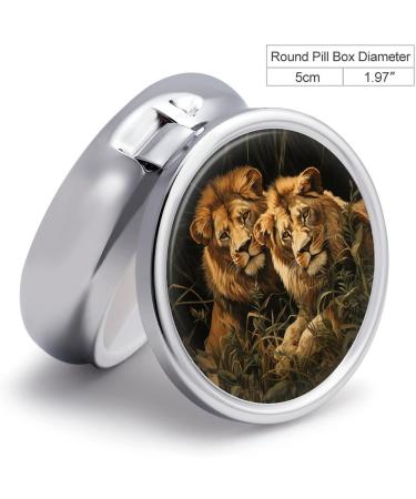 Round Pill Box with Two Lions Print - 3 Compartment Portable Medicine Organizer | Decorative Metal Pocket Pill Case - Buy Online on GoSupps.com