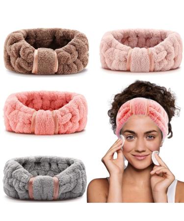 4 Pack Microfiber Towel Headbands for Washing Face Facial Headbands Makeup Headband Spa Headband Skincare Headband Fash Wash Headband for Women and Girls (Coffee Flesh Pink Grey Bright Red)