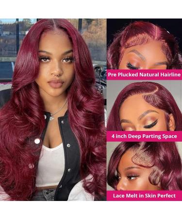 99J Burgundy Body Wave Lace Front Wig | Human Hair | 24 Inch 180% Density Pre Plucked Glueless Wig for Black Women - Buy Online on GoSupps.com