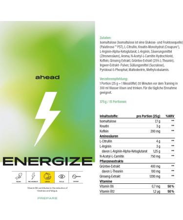 Ahead Energice Natural Vegan Pre Workout Booster 375g Vitamin B6 B12 L-Citrulline Arginine & Panax Ginseng Lemon Flavour Made in Germany - Buy Online on GoSupps.com