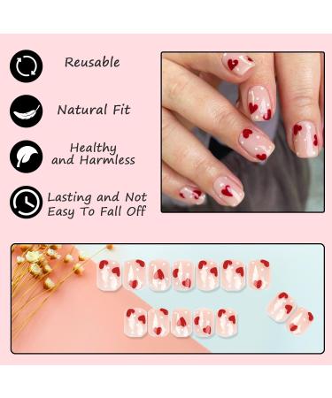 24Pcs Red Heart Short Square Press On False Nails | Full Cover Acrylic Tips for Women Decoration - Buy Online on GoSupps.com