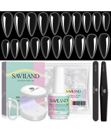 Saviland nail tips and glue gel kit-4-in-1-nail gel adhesive with 500 almond nail tips full cover and innovative mini-U-V-LED lamp simple DIY nail art acrylic kit almond false nail tips