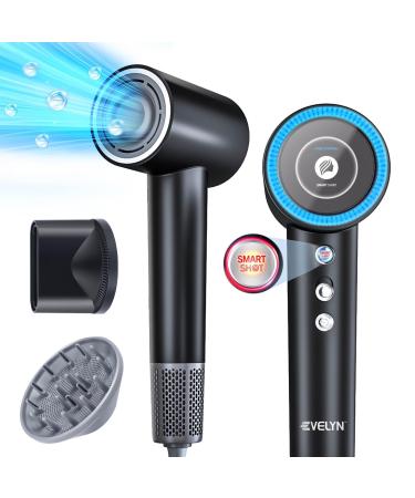 High Speed Hair Dryer with Diffuser - EVELYN No Heat Damage Professional Ionic Hair Dryer Smart Shot Intelligent Hot/Cool Blast Ionic Frizz Control 110 000RPM Fast Drying Compact Blow Dryer Black