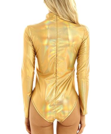 Elegant Women's Metallic Ballet Jersey Dance Body Suit - Long Sleeve Shiny Gymnastics Wear - Buy Online on GoSupps.com
