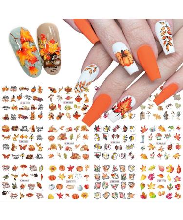 Fall Nail Art Stickers, Autumn Nail Art Water Decals Transfer Nail Supplies Maple Leaves Turkey Pumpkin Design Sticker for Women Acrylic Nail Maple Leaf Thanksgiving Decorations 12 PCS (Fall B)