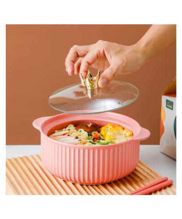 Ceramic Double Ear Bowl Set with Chopsticks and Glass Cover Lunch Dishes Soup Ramen Dessert Bowl Tableware Kitchenware Talla nica Pink