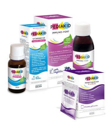 PEDIAKID - Maxi Natural Defenses Treatment - 1 Pediakid Immuno-Fort Syrup 250 ml + 1 Pediakid Probiotics 10 m + 1 Pediakid Vitamin D3 1000 IU - Supports Immunity & Bone Capital
