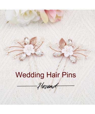 Flower Bride Wedding Hair Pins - Pearl & Crystal Hair Accessories (Pack of 2) - Rose Gold - Buy Online on GoSupps.com