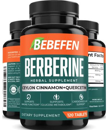 BEBEFEN Berberine Supplement with Ceylon Cinnamon & Quercetin 1900 mg Per Serving for Cardiovascular Gastrointestinal Immune Support 120 Tablets