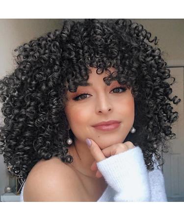 maxknow Curly Wigs for Black Women Fluffy Curly Afro Wig for Women Soft Synthetic Curly Black Wig with Bangs Full Wigs for Women Daily Use (1B Natural Black) 1B