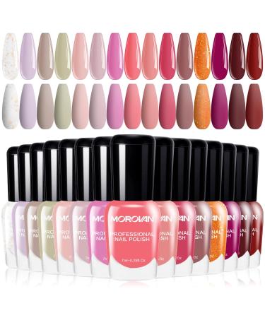 Morovan 15-Color Pink Air Dry Nude Nail Set - 0.25oz Non Gel Fingernail Polish Kit Gift Set for Women