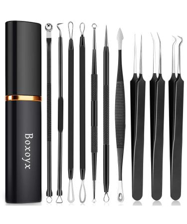 Boxoyx Pimple Popper Tool Kit - 10Pcs Blackhead Remover Comedone Extractor Tool Kit with Metal Case for Quick and Easy Removal of Pimples Blackheads Zit Removing Forehead Facial and Nose(Black) 11 Count (Pack of 1)