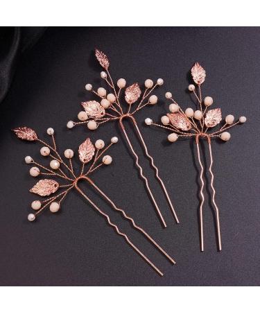 Teyglen Bride Leaf Hair Pins Wedding Rose Gold Leaves Beads Hair Pins Set Hair Clip Bridal Hair pieces Vintage Headpieces Hair Accessories for Women Girls - Buy Online on GoSupps.com