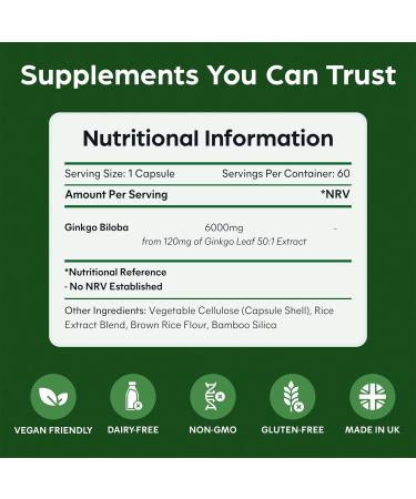Ginkgo Biloba 6000mg | 60 Capsules | Premium Quality, No Synthetics | Made in UK - Buy Online on GoSupps.com