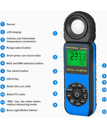 AP-881D Digital Light Meter with Ambient Temperature Measurement up to 400,000 Lux - Rotatable Head, 270 Display, Data Hold, Backlight (Blue) - Buy Online on GoSupps.com