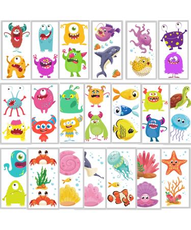 Tazimi Sea Animals and Monster Temporary Tattoos for Kids  20 Pcs Cute Monster Ocean Animals Tattoos for Kids Birthday Party Favors