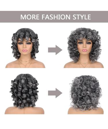Grey Curly Wig with Bangs for Black Women - Afro Curly Synthetic Wig Ombre Color - Heat Resistant Short Wig for Daily Party Wear - Buy Online on GoSupps.com