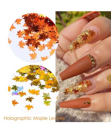 6 Grids 3D Maple Leaf Glitter Nail Sequins - Autumn Nail Art Stickers & Decals | Holographic Leaf Charms for Acrylic Nails | Fall Glitter Designs in Gold Yellow & Red - Buy Online on GoSupps.com