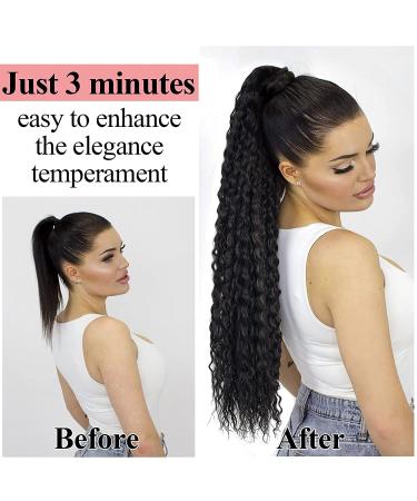 30 Corn Curly Wave Drawstring Ponytail in Black - 30 Inch Synthetic High Puff Ponytail Hair Piece with Comb Clip | Wavy Clip-In Extensions - Buy Online on GoSupps.com
