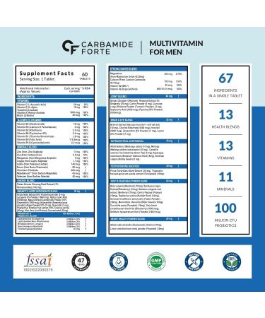 Carba..mide Forte Multivitamin for Men(60 Veg Tablets) Immunity & Energy with 67 Ingredients |Multi Vitamins Minerals Probiotics Superfoods Fruits & Vegetable Blend  - Buy Online on GoSupps.com