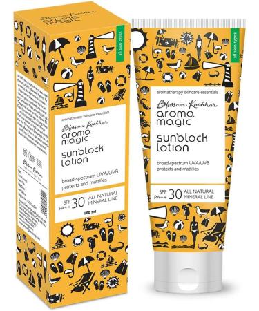 Blossam Kochhar Aroma Magic Sun Block Lotion SPF 30 PA ++ Broad Spectrum UVA / UVB protects and mattifies - 100 Gram - Buy Online on GoSupps.com