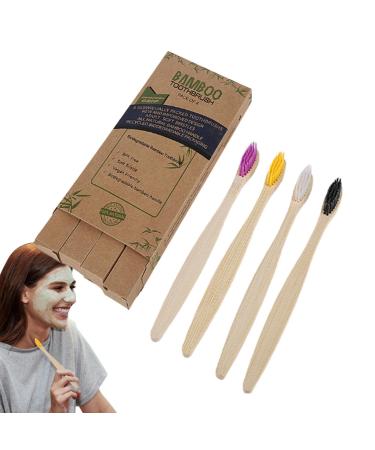 Bamboo coal toothbrush |Toothbrush with soft bristles made of charcoal - reusable toothbrush rice set made of wood for women men and adults 4 different colors