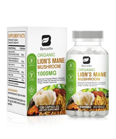 B BEWORTHS Lion's Mane Mushroom- 120 Capsules | Organic Lions Mane Turkey Tail Mushroom Supplement Complex | Cordyceps Chaga Turkey Tail Reishi | Mental Clarity Focus Memory Brain & Immune Boost
