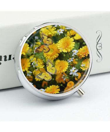 Round Yellow Butterfly & Daisies Pill Box | 3 Compartment Portable Medicine Organizer | Decorative Metal Pocket Pill Case - Style 5 - Buy Online on GoSupps.com