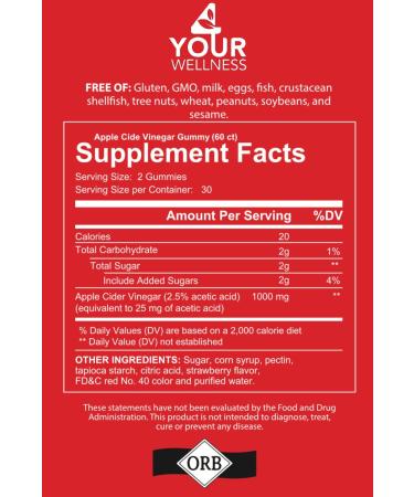 4 Your Wellness Apple Cider Vinegar Gummies 1000mg All Natural Kosher Gelatin-Free Gluten-Free Vegan Non-GMO (60 Count (Pack of 1)) - Buy Online on GoSupps.com