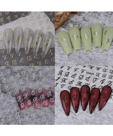 8 Sheets Retro English Letters Nail Stickers | 3D Self-Adhesive Nail Decals for DIY Manicure | Black White Gold & Silver Designs | Perfect for Women - Buy Online on GoSupps.com