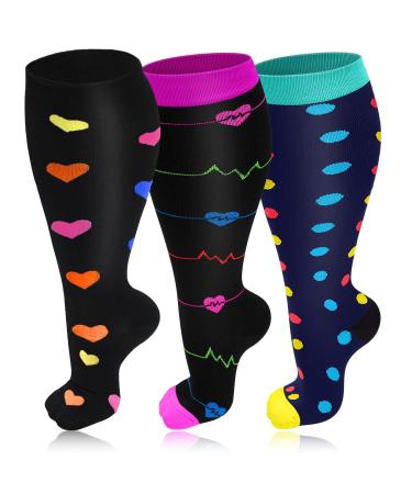 3 Pairs Plus Size Compression Socks for Women & Men 20-30 mmHg Wide Calf Extra Large Knee High Flight Socks Compression Stockings for Circulation Support 3XL 3PCS-Purple Black Blue