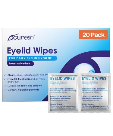 Blepharitis Eyelid Wipes 20 Pack Individually Wrapped - Fragrance free & Soap free For Daily Eyelid Hygiene Natural Ingredients Tired and Dry Eyes 20 count (Pack of 1)