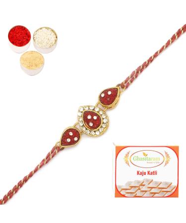 Ghasitaram Gifts Rakhi for Brother Rakhis Online - J-33063 Leaf Rose Jewel Rakhi with 400 GMS of Kaju katli