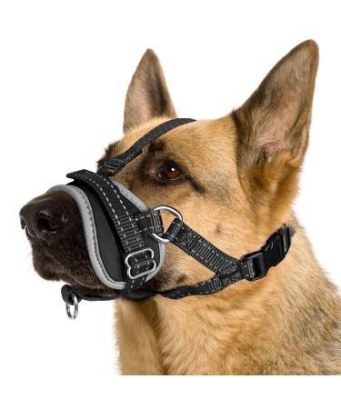 NASJAC Dog muzzle - soft nylon muzzle for small medium -sized dogs - adjustable reflective dog mowing cover with connecting belts bite bark chewing M black with headband