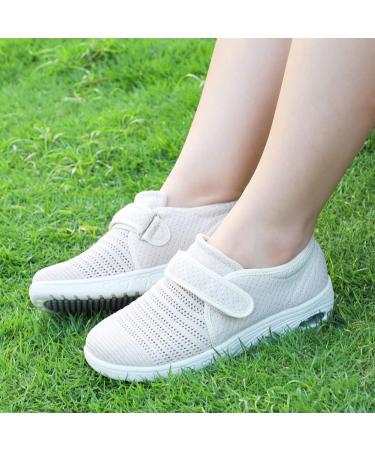 Women's Adjustable Diabetic Walking Shoes - Wide Width Sneakers for Seniors with Swollen Feet & Foot Pain - Breathable Beige - Buy Online on GoSupps.com